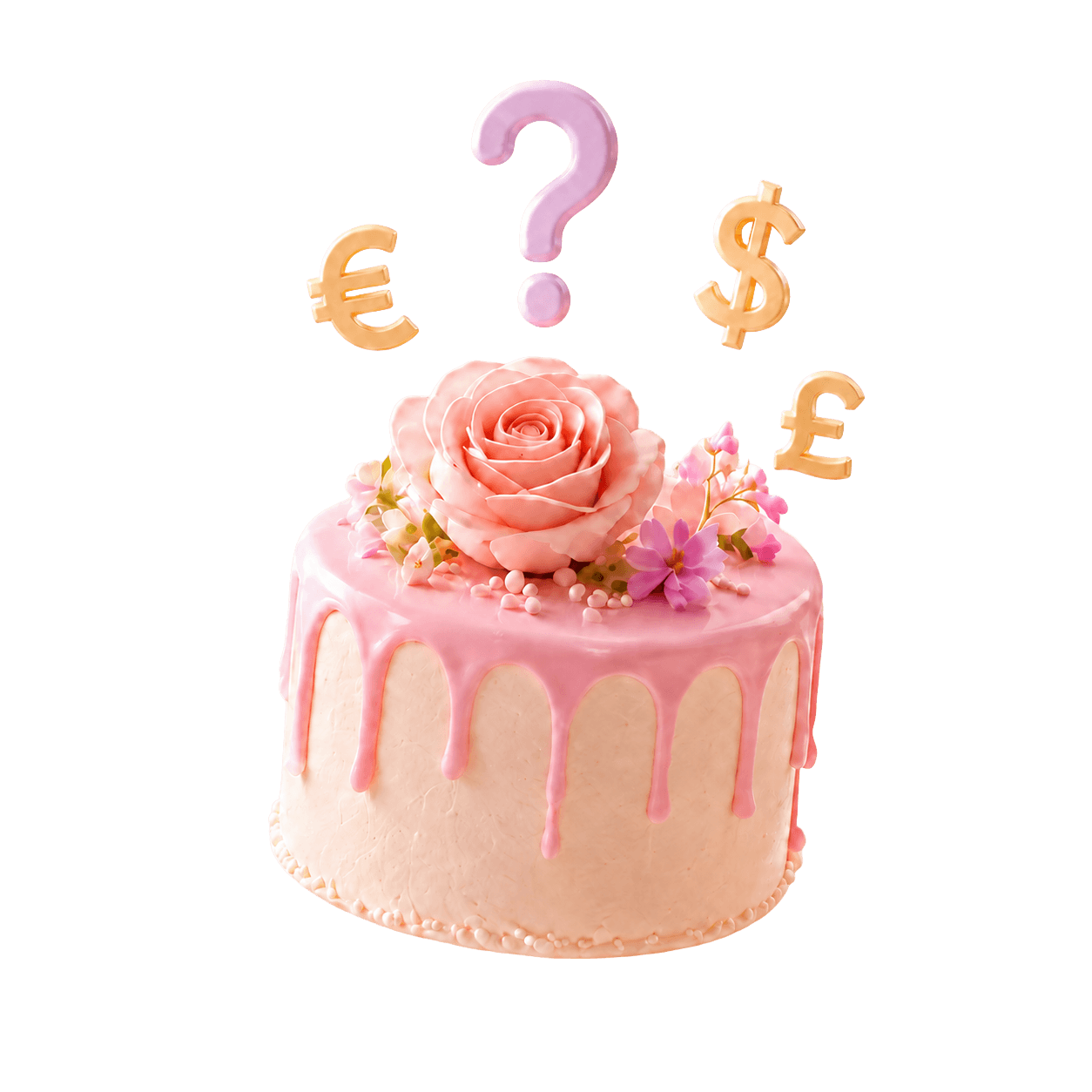 Cake decorated with currency symbols for dessert pricing